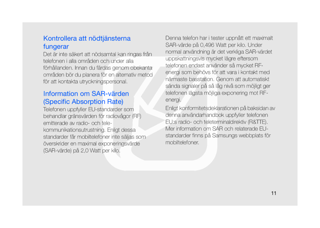 Samsung GT-I8910DKPXEE manual Kontrollera att nödtjänsterna fungerar, Information om SAR-värden Specific Absorption Rate 
