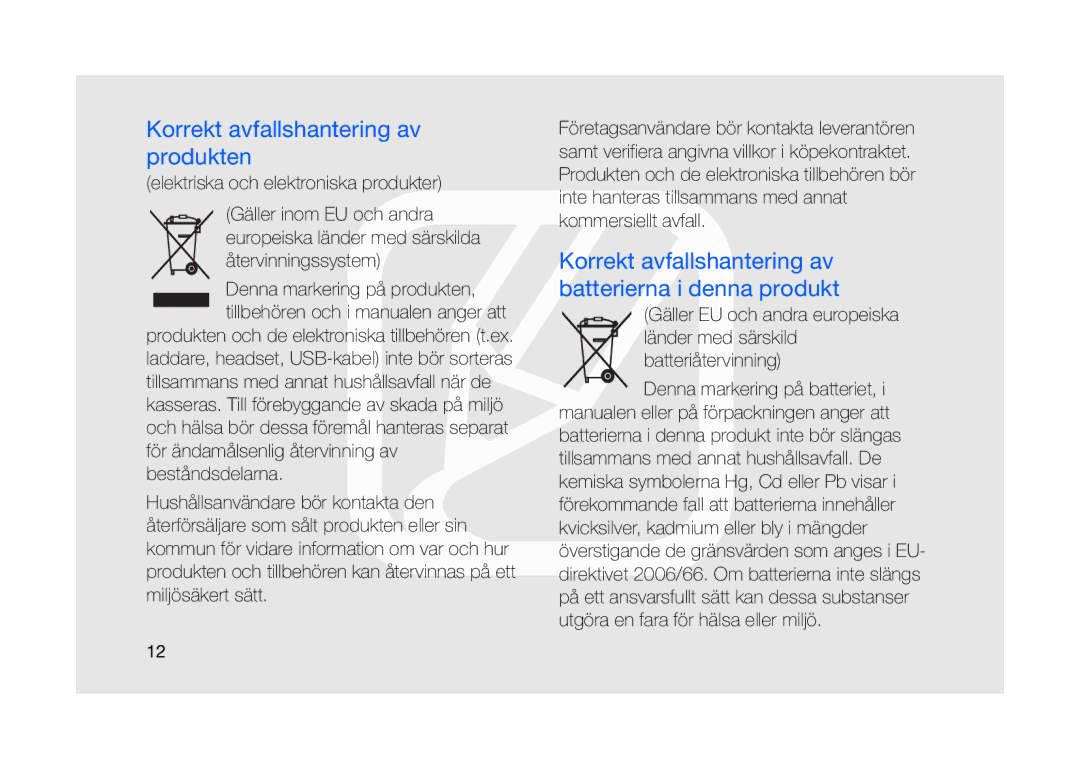 Samsung GT-I8910DKRXEE Korrekt avfallshantering av produkten, Korrekt avfallshantering av batterierna i denna produkt 