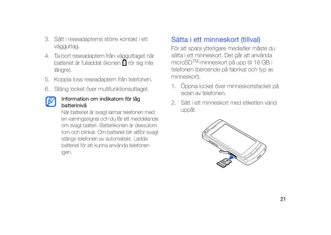 Samsung GT-I8910DKPXEE, GT-I8910DKRXEE manual Sätta i ett minneskort tillval 