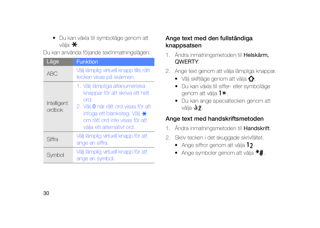 Samsung GT-I8910DKRXEE manual Välj skiftläge genom att välja, Genom att välja Intelligent, Ordbok, Välja, Siffra, Symbol 