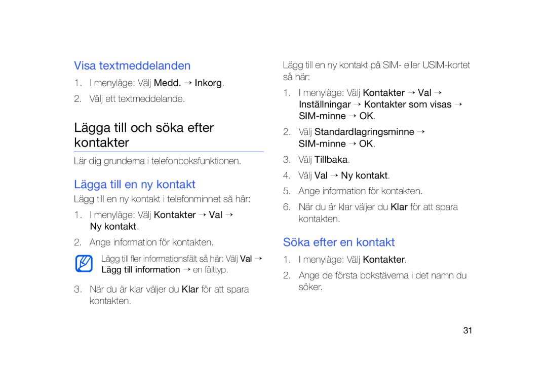 Samsung GT-I8910DKPXEE, GT-I8910DKRXEE Lägga till och söka efter kontakter, Visa textmeddelanden, Lägga till en ny kontakt 
