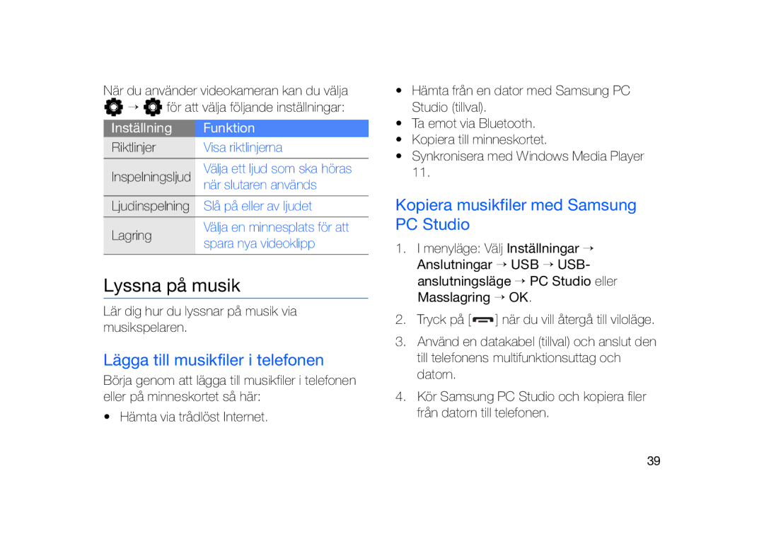 Samsung GT-I8910DKPXEE manual Lyssna på musik, Lägga till musikfiler i telefonen, Kopiera musikfiler med Samsung PC Studio 