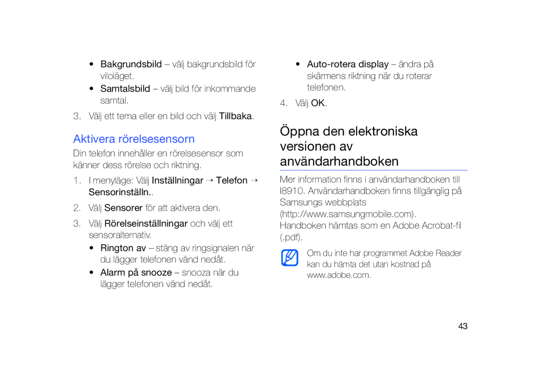 Samsung GT-I8910DKPXEE, GT-I8910DKRXEE manual Öppna den elektroniska versionen av användarhandboken, Aktivera rörelsesensorn 