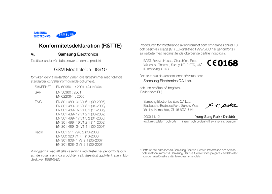 Samsung GT-I8910DKRXEE, GT-I8910DKPXEE manual Konformitetsdeklaration R&TTE, GSM Mobiltelefon 