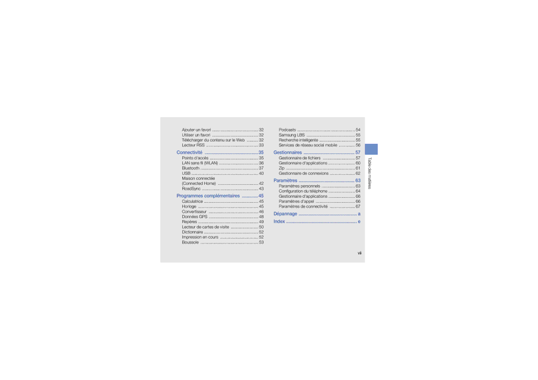 Samsung GT-I8910PKAFTM, GT-I8910PKAXEF, GT-I8910DKCXEF, GT-I8910DKDXEF manual Maison connectée, Table des matières Vii 