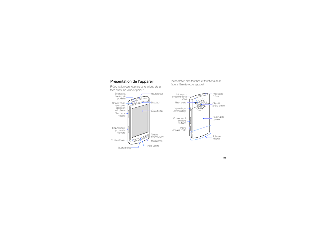 Samsung GT-I8910PKAFTM, GT-I8910PKAXEF, GT-I8910DKCXEF, GT-I8910DKDXEF, GT-I8910PKABOG manual Présentation de lappareil 