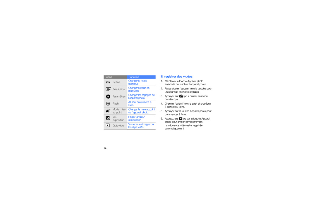 Samsung GT-I8910DKCXEF manual Enregistrer des vidéos, Scène, Résolution, Paramètres, Flash, Quickview, IconeFonction 