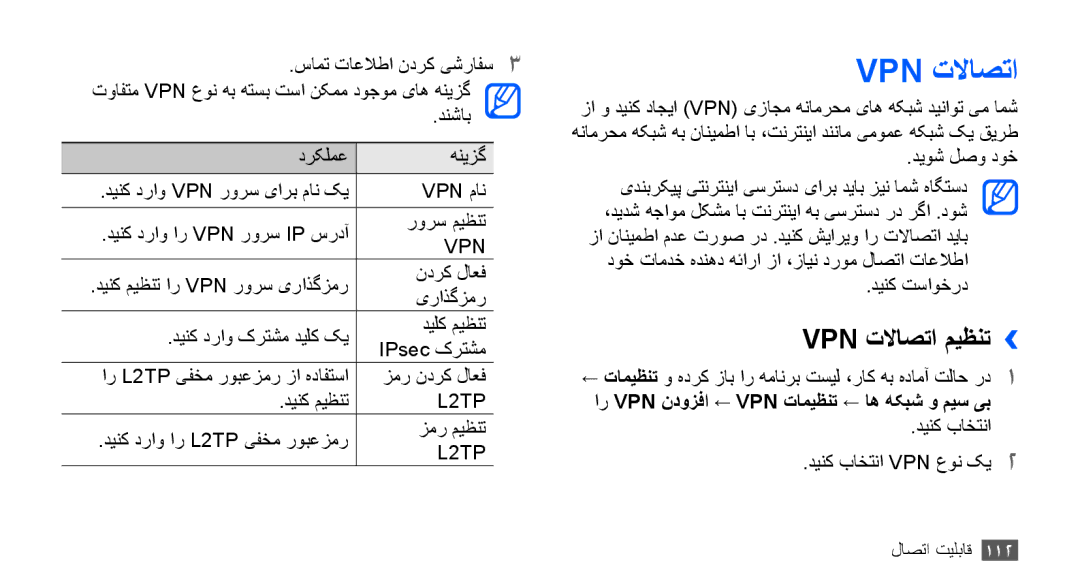 Samsung GT-I9000HKYXSS, GT-I9000HKAAND, GT-I9000HKAKSA Vpn تلااصتا میظنت››, دینک دراو ار L2TP یفخم روبعزمر زمر میظنت 