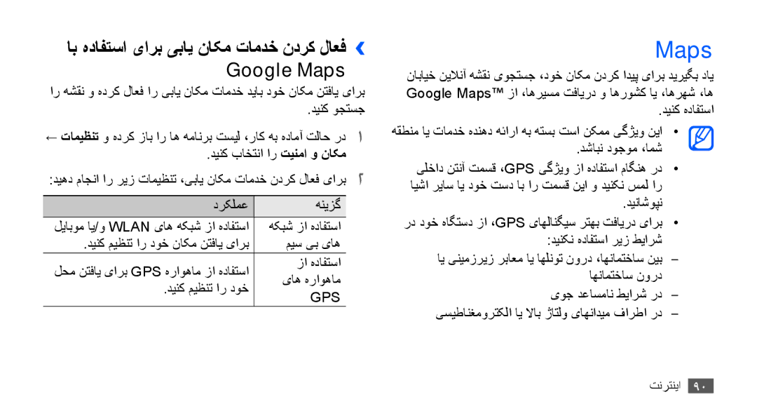 Samsung GT-I9000HKAXSG, GT-I9000HKAAND, GT-I9000HKAKSA manual اب هدافتسا یارب یبای ناکم تامدخ ندرک لاعف›› Google Maps 