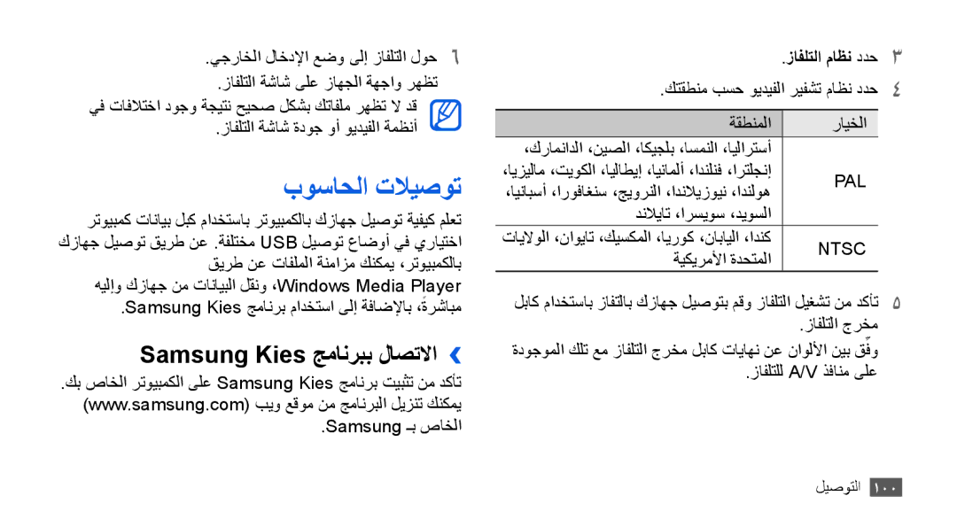 Samsung GT-I9000HKDXSS, GT-I9000HKAAND, GT-I9000HKAKSA, GT-I9000HKAPAK manual بوساحلا تلايصوت, Samsung Kies جمانربب لاصتلاا›› 