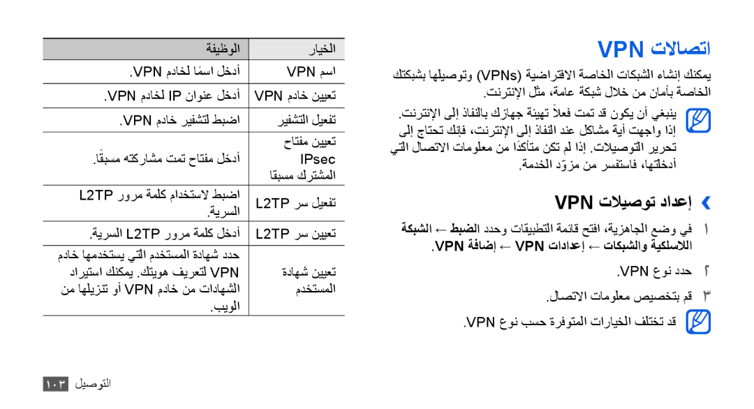 Samsung GT-I9000RWDJED, GT-I9000HKAAND, GT-I9000HKAKSA Vpn تلااصتا, Vpn تلايصوت دادعإ››, ةيرسلا L2TP رورم ةملك لخدأ 