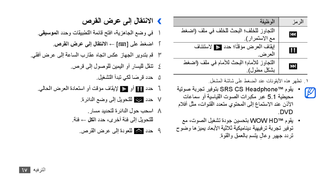 Samsung GT-I9000RWYARB صرقلا ضرع ىلإ لاقتنلاا››, صرقلا ضرع ىلإ لاقتنلاا ← ىلع طغضا2, ةوقلاو قمعلاب مستي لاعوٍ ريهج ددرت 