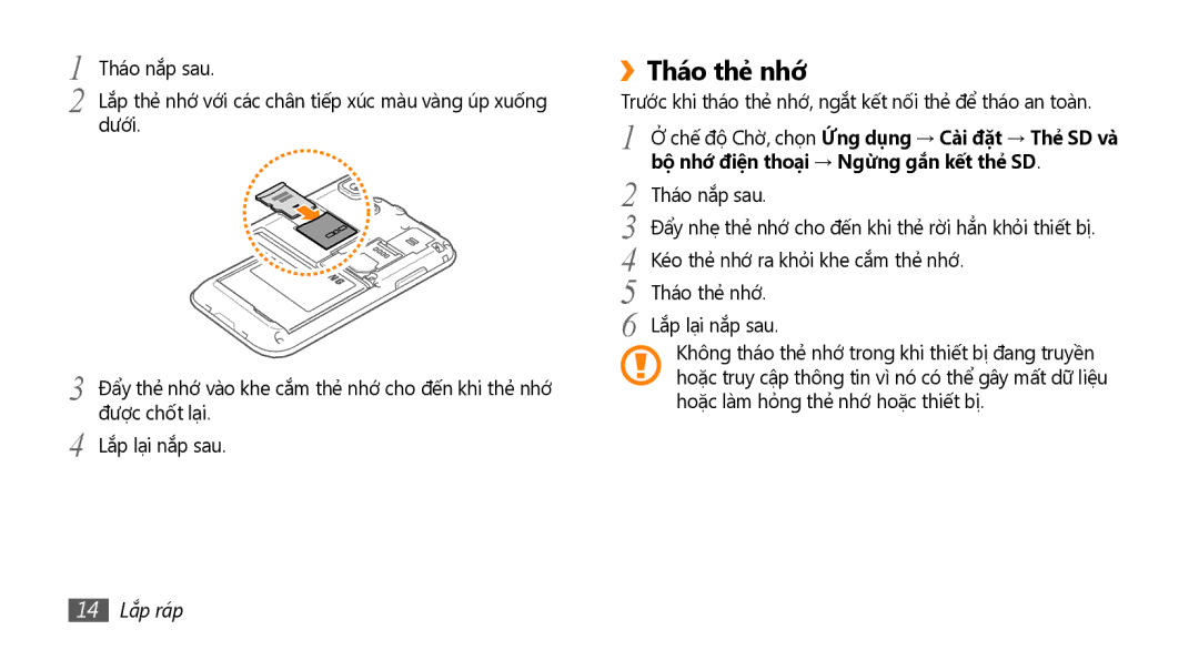 Samsung GT-I9000HKAXEV, GT-I9000HKAXXV manual ››Tháo thẻ nhớ, 14 Lắp ráp 