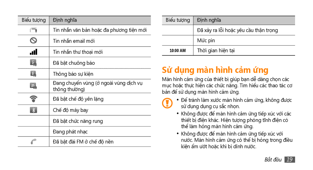 Samsung GT-I9000HKAXXV, GT-I9000HKAXEV manual Sư dung man hình cam ứng 