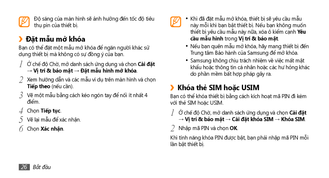 Samsung GT-I9000HKAXEV, GT-I9000HKAXXV manual ››Đặt mẫu mở̉ khóa, ››Khóa thẻ SIM hoặc Usim 