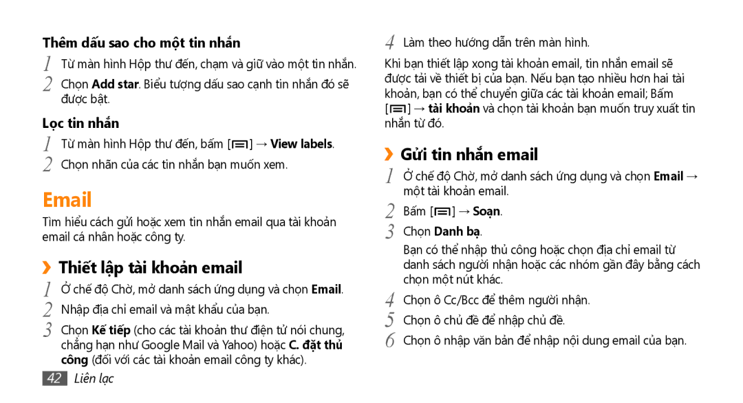 Samsung GT-I9000HKAXEV, GT-I9000HKAXXV manual ››Thiết lập tài khoản email, ››Gửi tin nhắn email, 42 Liên lạc 