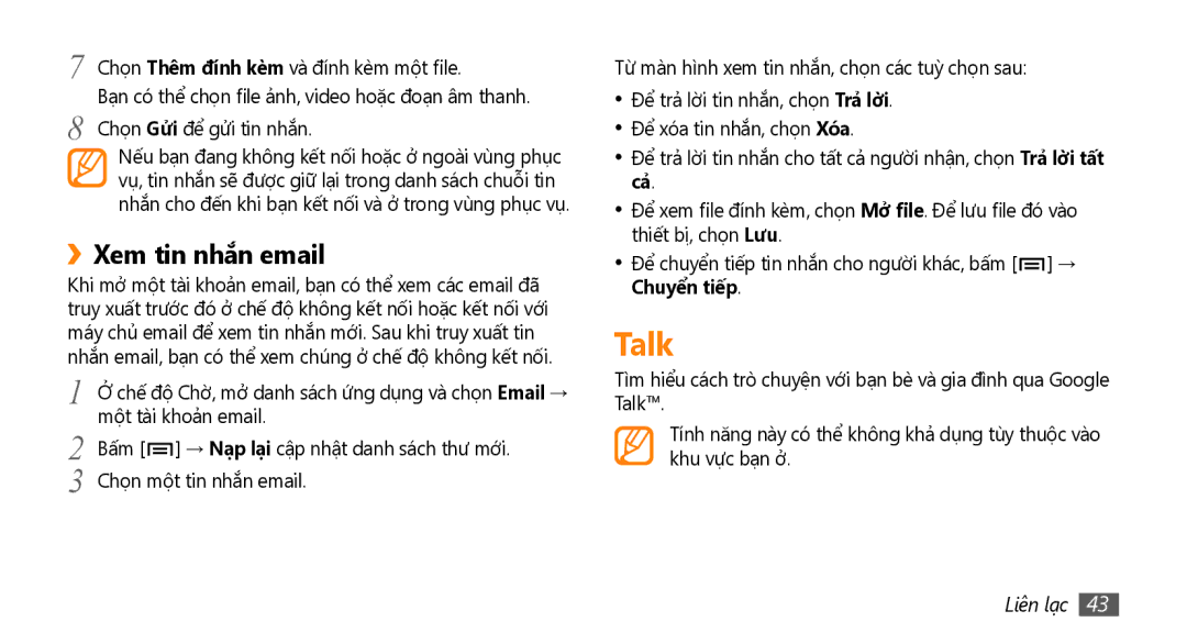 Samsung GT-I9000HKAXXV, GT-I9000HKAXEV manual Talk, ››Xem tin nhắn email 