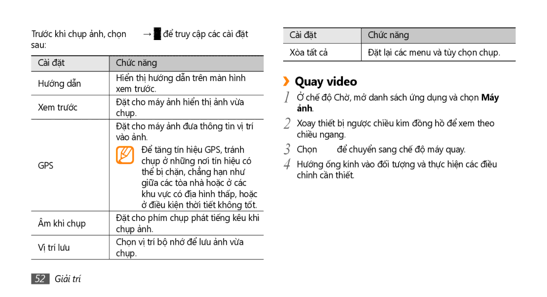 Samsung GT-I9000HKAXEV, GT-I9000HKAXXV manual ››Quay video, 52 Giải trí 