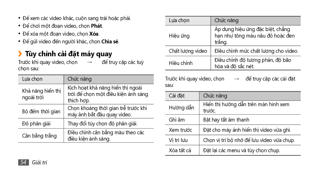 Samsung GT-I9000HKAXEV, GT-I9000HKAXXV manual Tùy chỉnh cài đặt máy quay, 54 Giải trí 