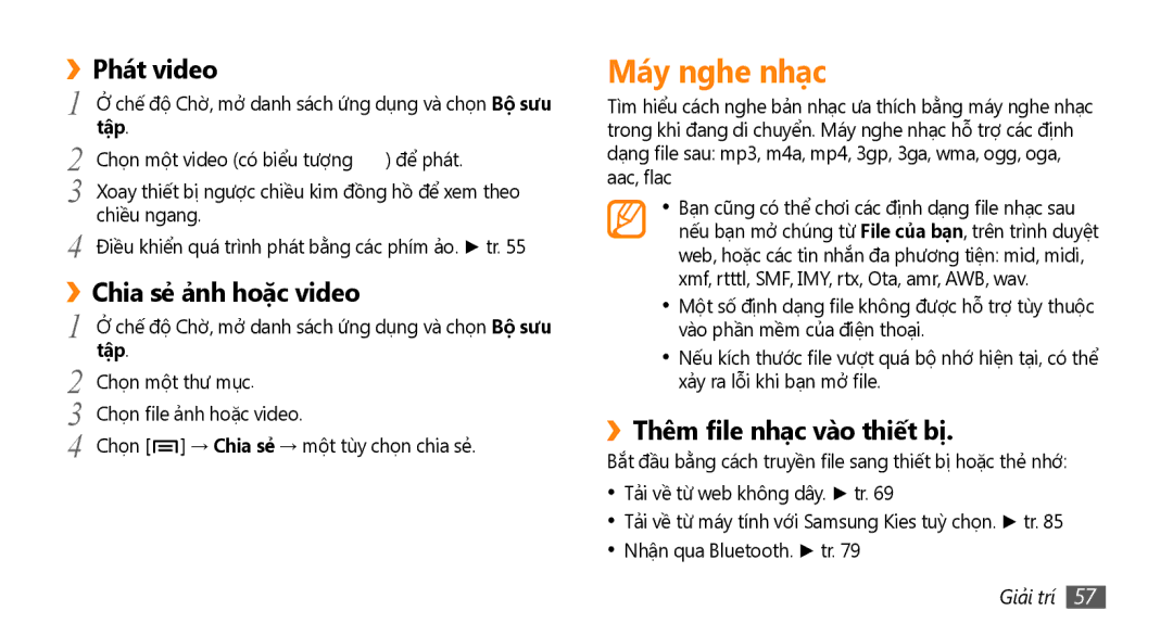 Samsung GT-I9000HKAXXV manual Máy nghe nhạc, ››Phát video, ››Chia sẻ ảnh hoặc video, ››Thêm file nhạc vào thiết bị 