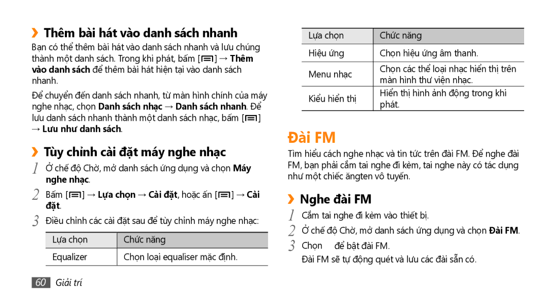 Samsung GT-I9000HKAXEV manual Đài FM, ››Thêm bài hát vào danh sách nhanh, ››Tùy chỉnh cài đặt máy nghe nhạc, ››Nghe đài FM 