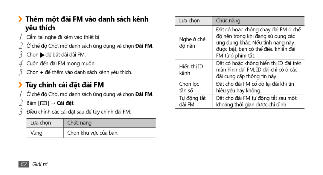 Samsung GT-I9000HKAXEV manual Thêm một đài FM vào danh sách kênh, Yêu thích, Tùy chỉnh cài đặt đài FM, 62 Giải trí 