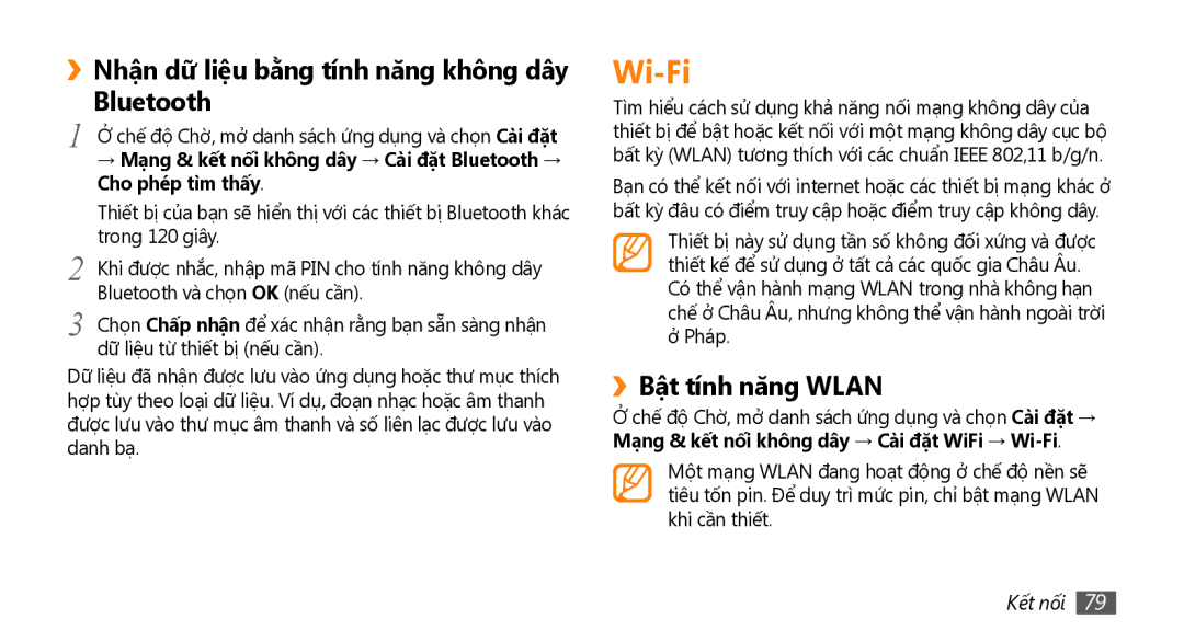 Samsung GT-I9000HKAXXV, GT-I9000HKAXEV manual Wi-Fi, ››Nhận dữ liệu bằng tính năng không dây Bluetooth, ››Bật tính năng Wlan 