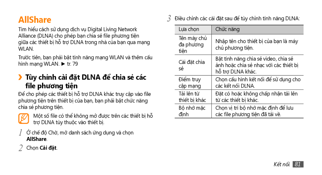 Samsung GT-I9000HKAXXV, GT-I9000HKAXEV AllShare, ››Tùy chỉnh cài đặt Dlna để chia sẻ các file phương tiện, Chọn Cài đặt 