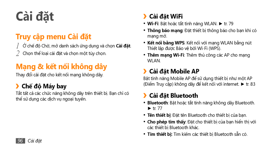 Samsung GT-I9000HKAXEV, GT-I9000HKAXXV manual Truy cập menu Cài đặt, Mạng & kêt nối không dây 