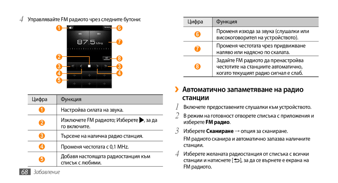 Samsung GT-I9000HKDCNX, GT-I9000HKDMTL, GT-I9000RWYBGL manual ››Автоматично запаметяване на радио станции, 68 Забавление 