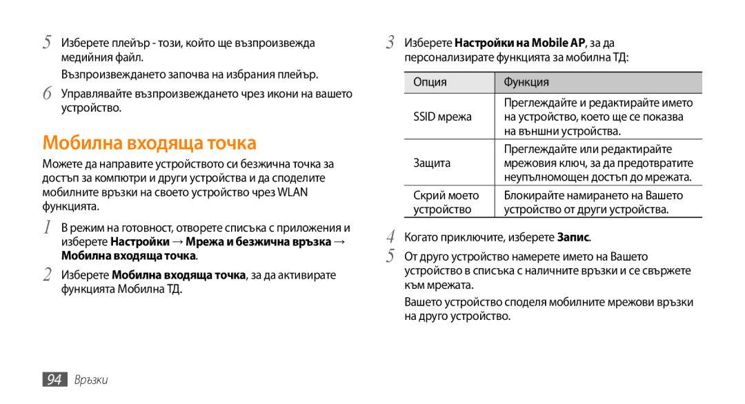 Samsung GT-I9000HKAVVT, GT-I9000HKDMTL, GT-I9000RWYBGL, GT-I9000HKYVVT, GT-I9000RWYMTL manual Мобилна входяща точка, 94 Връзки 