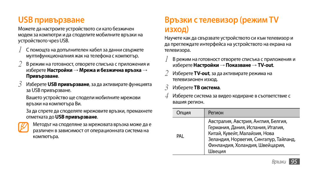 Samsung GT-I9000HKDXEO manual USB привързване, Връзки с телевизор режим TV изход, Китай, Кувейт, Малайзия, Нова, Швеция 