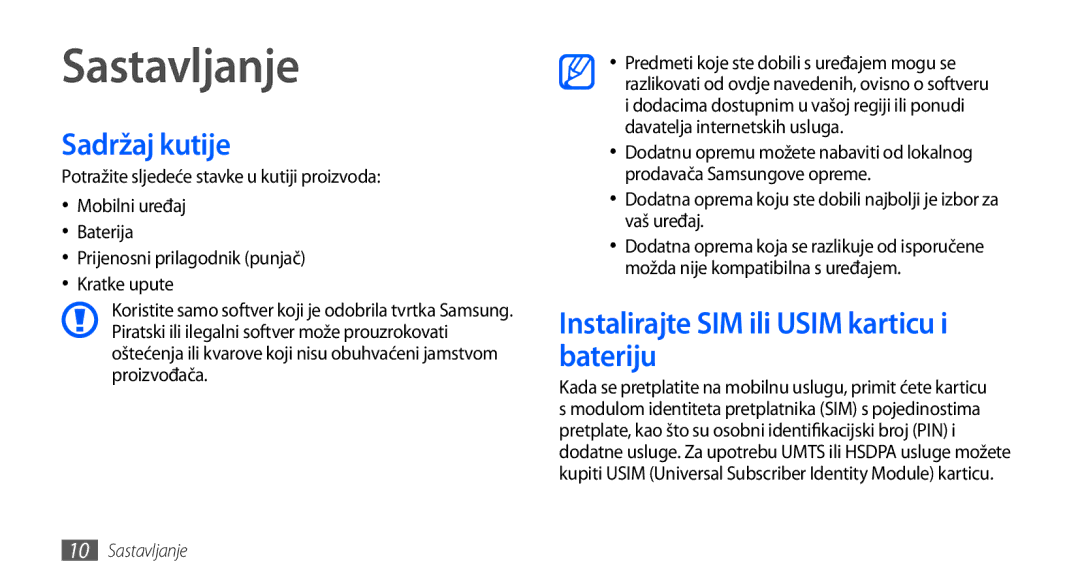 Samsung GT-I9000HKDTWO, GT-I9000HKDVIP manual Sastavljanje, Sadržaj kutije, Instalirajte SIM ili Usim karticu i bateriju 