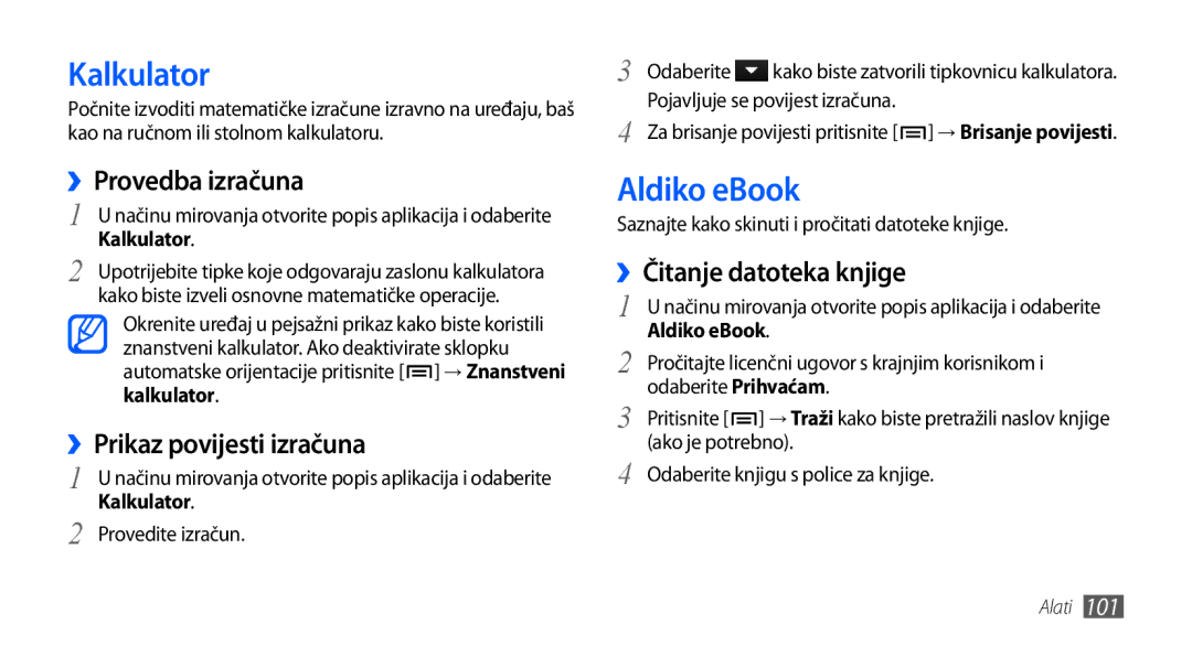 Samsung GT-I9000HKDTSR, GT-I9000HKDVIP manual Kalkulator, Aldiko eBook, ››Provedba izračuna, ››Prikaz povijesti izračuna 