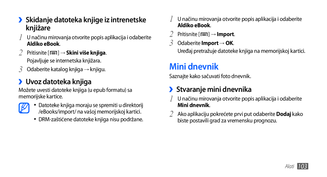 Samsung GT-I9000HKACRO manual Mini dnevnik, ››Skidanje datoteka knjige iz intrenetske knjižare, ››Uvoz datoteka knjiga 