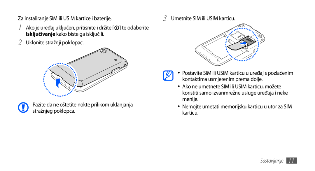 Samsung GT-I9000HKDTSR, GT-I9000HKDVIP manual Te odaberite, Uklonite stražnji poklopac, Kontaktima usmjerenim prema dolje 