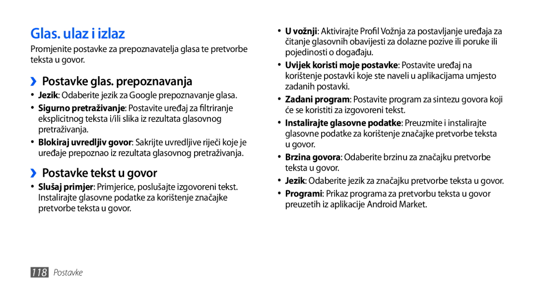 Samsung GT-I9000HKDTWO, GT-I9000HKDVIP manual Glas. ulaz i izlaz, ››Postavke glas. prepoznavanja, ››Postavke tekst u govor 