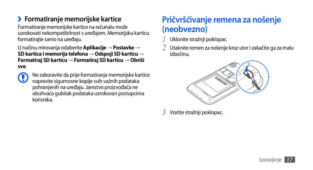 Samsung GT-I9000HKATWO, GT-I9000HKDVIP manual Pričvršćivanje remena za nošenje neobvezno, ››Formatiranje memorijske kartice 