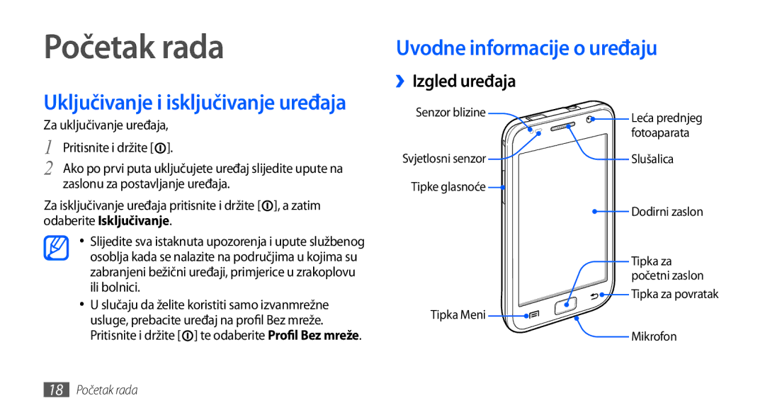 Samsung GT-I9000HKDVIP, GT-I9000HKDXEU, GT-I9000HKYVIP manual Početak rada, ››Izgled uređaja, Za uključivanje uređaja 