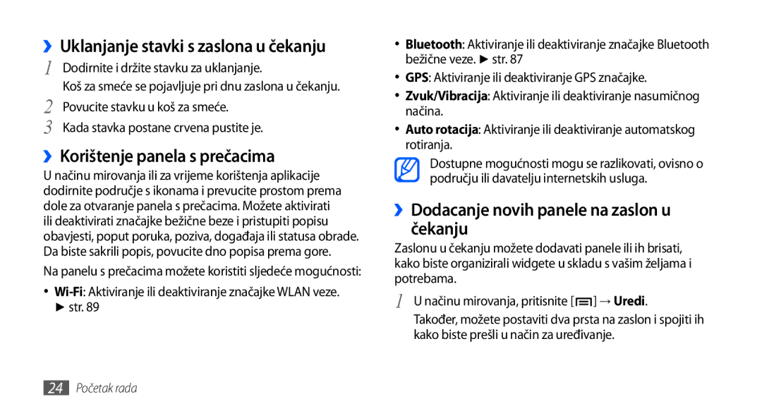 Samsung GT-I9000HKDCRO, GT-I9000HKDVIP manual ››Korištenje panela s prečacima, ››Dodacanje novih panele na zaslon u čekanju 