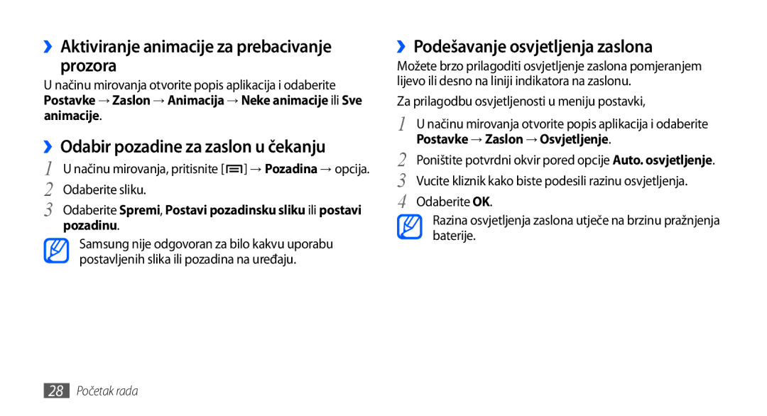 Samsung GT-I9000HKDTWO manual ››Aktiviranje animacije za prebacivanje prozora, ››Podešavanje osvjetljenja zaslona, Pozadinu 