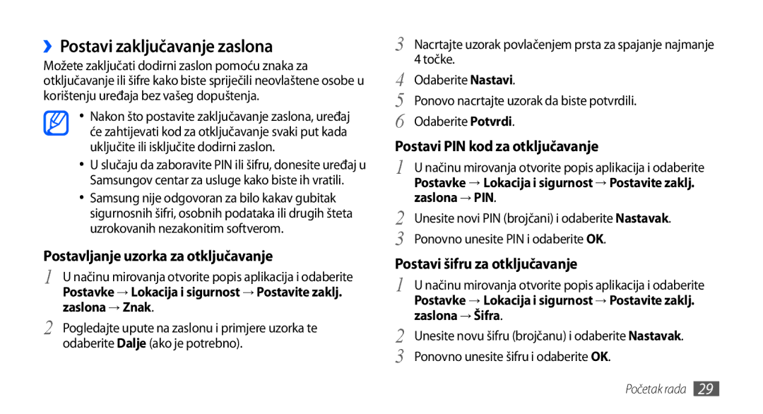 Samsung GT-I9000HKDTSR, GT-I9000HKDVIP manual ››Postavi zaključavanje zaslona, Postavljanje uzorka za otključavanje 