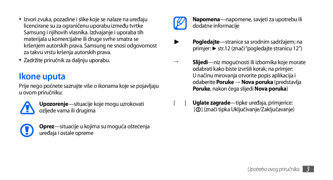 Samsung GT-I9000HKYTSR, GT-I9000HKDVIP, GT-I9000HKDXEU, GT-I9000HKYVIP Ikone uputa, Zadržite priručnik za daljnju uporabu 