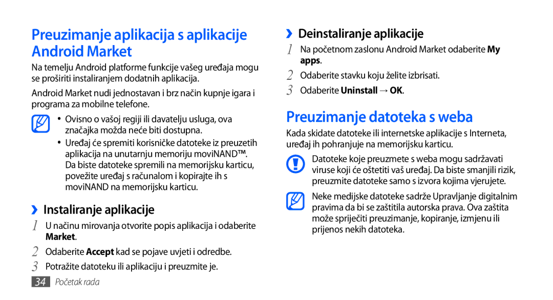 Samsung GT-I9000HKYCRO, GT-I9000HKDVIP Preuzimanje aplikacija s aplikacije Android Market, Preuzimanje datoteka s weba 