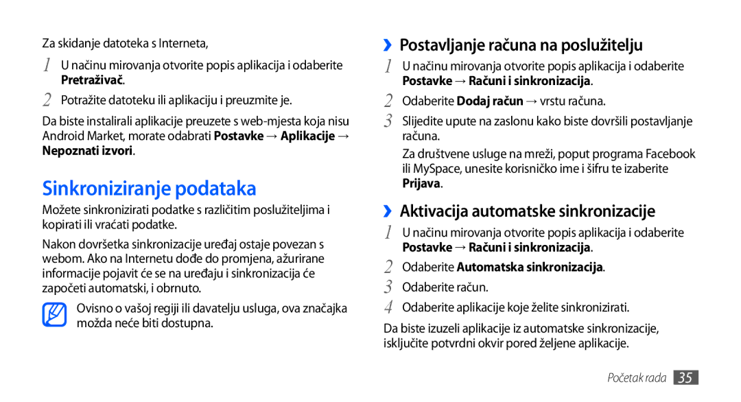 Samsung GT-I9000HKATWO, GT-I9000HKDVIP, GT-I9000HKDXEU manual Sinkroniziranje podataka, ››Postavljanje računa na poslužitelju 