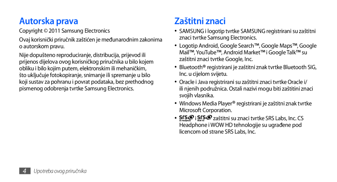 Samsung GT-I9000HKYSMO, GT-I9000HKDVIP, GT-I9000HKDXEU, GT-I9000HKYVIP, GT-I9000HKYTSR manual Autorska prava, Zaštitni znaci 