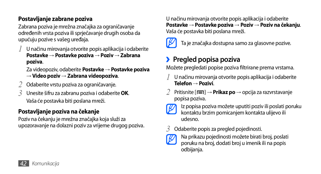 Samsung GT-I9000HKDCRO manual ››Pregled popisa poziva, Postavljanje zabrane poziva, Postavljanje poziva na čekanje 