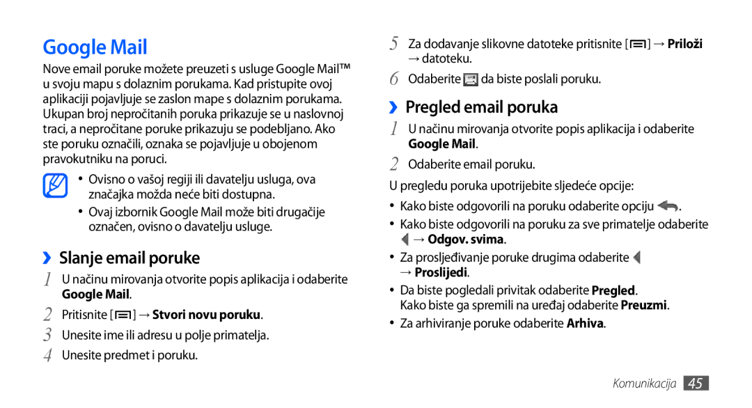 Samsung GT-I9000HKYTRA, GT-I9000HKDVIP, GT-I9000HKDXEU manual Google Mail, ››Slanje email poruke, ››Pregled email poruka 