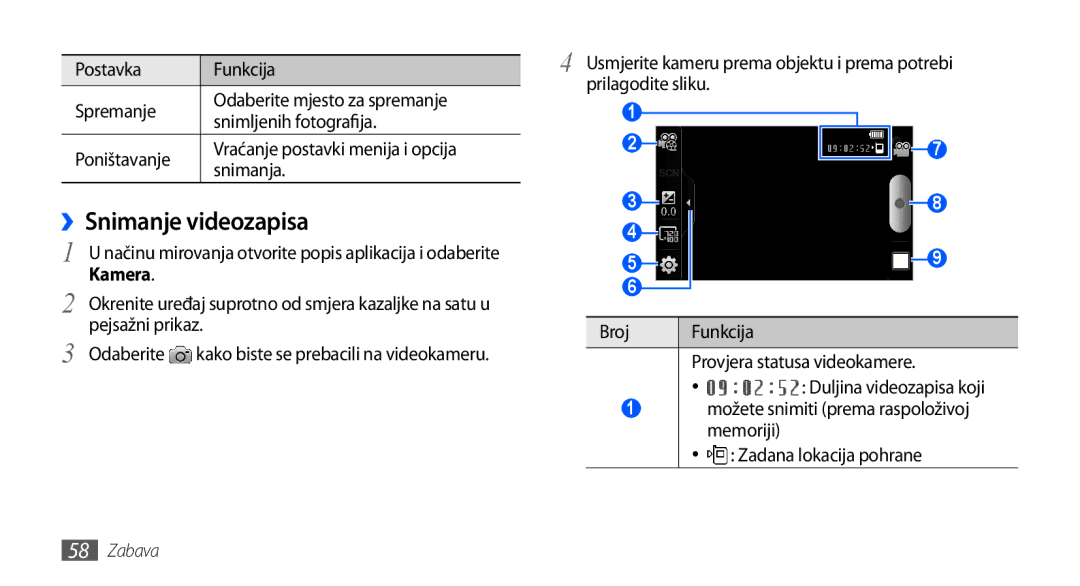 Samsung GT-I9000HKYSMO, GT-I9000HKDVIP ››Snimanje videozapisa, Snimanja, Poništavanje Vraćanje postavki menija i opcija 