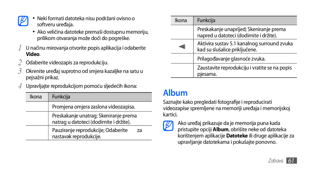 Samsung GT-I9000HKYTWO, GT-I9000HKDVIP, GT-I9000HKDXEU, GT-I9000HKYVIP, GT-I9000HKYTSR, GT-I9000HKYSMO manual Album, Video 